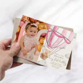 Teddy Bear Hot Hair Ballon Eerste Verjaardag Foto Kaart