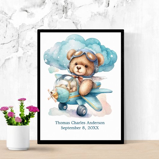 Teddy Bear in Airplane Nursery Decor Wall Art Poster