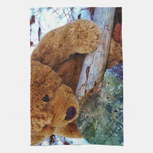 Teddy Bear in de sneeuw Theedoek (Verticaal)