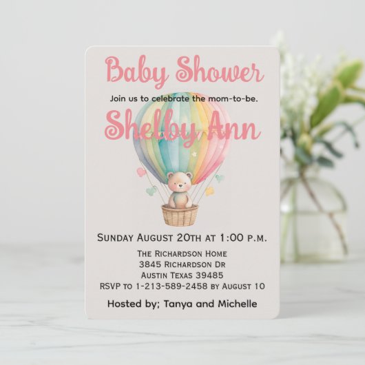 Teddy Bear in een Baby shower van een luchtballon Feestdagenkaart (Staand voorkant)