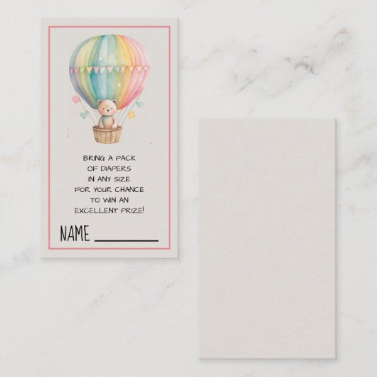 Teddy Bear in een Hot Air Ballon Diaper Raffle Informatiekaartje (Voorkant / Achterkant)
