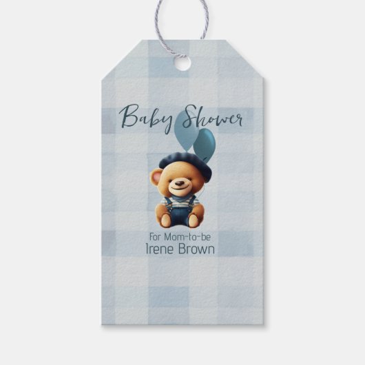 Teddy Bear Jean Baby shower Blue Cadeaulabel (Voorkant)
