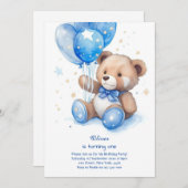 Teddy Bear Jongen Eerste Verjaardag Uitnodiging (Voorkant / Achterkant)