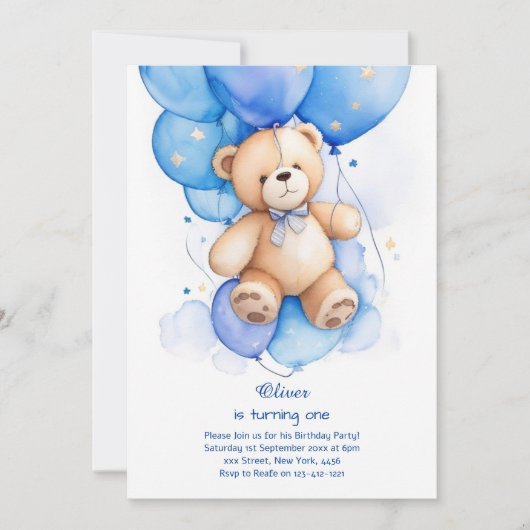 Teddy Bear Jongen Eerste Verjaardag Uitnodiging (Voorkant)