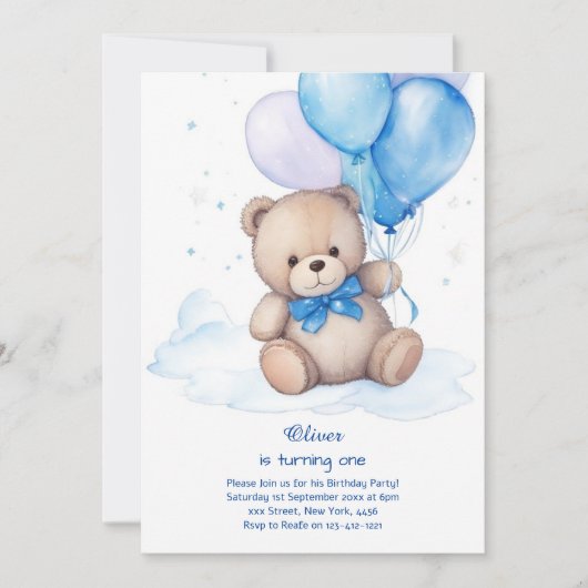 Teddy Bear Jongen Eerste Verjaardag Uitnodiging (Voorkant)