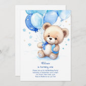 Teddy Bear Jongen Eerste Verjaardag Uitnodiging (Voorkant / Achterkant)