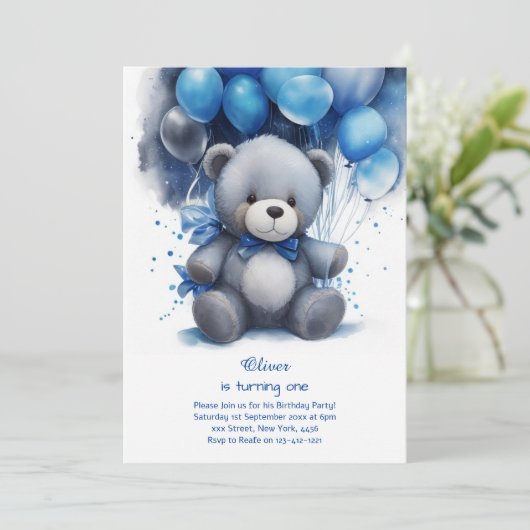 Teddy Bear Jongen Eerste Verjaardag Uitnodiging (Staand voorkant)
