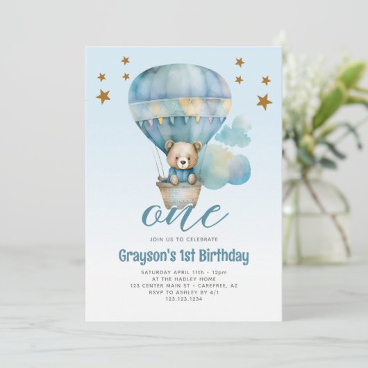 Teddy Bear Jongens 1e Verjaardag Uitnodiging (Staand voorkant)