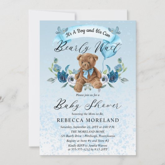 Teddy Bear kan het Baby shower blauw wachten Kaart (Voorkant)