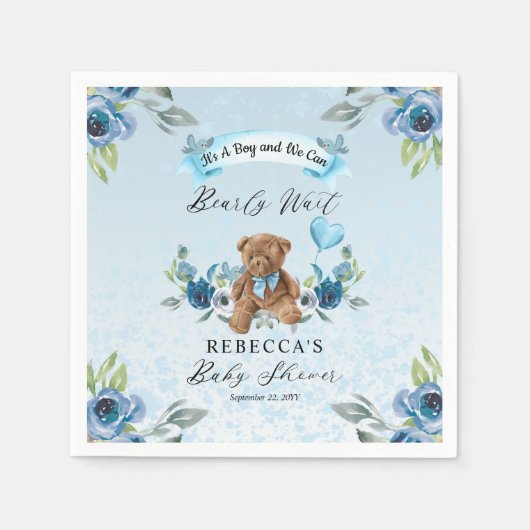 Teddy Bear kan het Baby shower blauw wachten Servet (Voorkant)