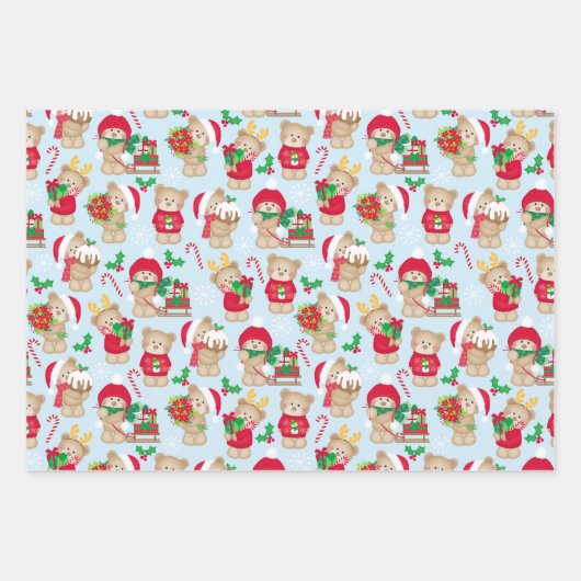 Teddy Bear Kerstmis 3 Coördinatie Inpakpapier Vel (Voorkant)