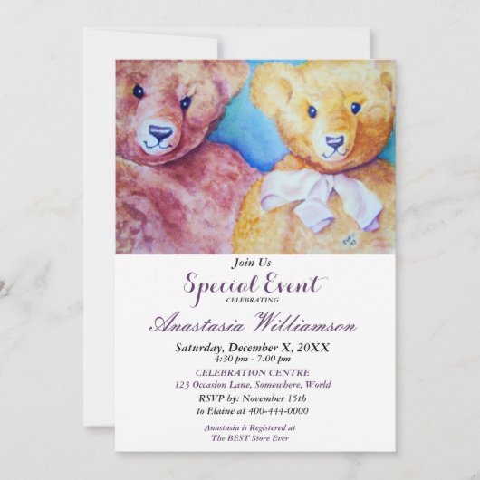 TEDDY BEAR KINDER PARTITY EVENT INVITE KAART (Voorkant)
