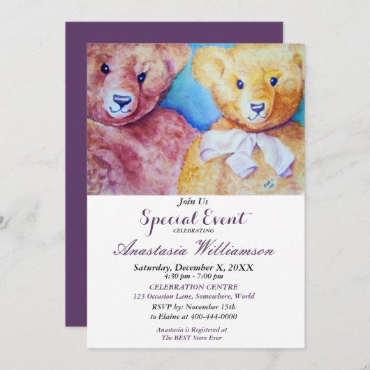 TEDDY BEAR KINDER PARTITY EVENT INVITE KAART (Voorkant / Achterkant)