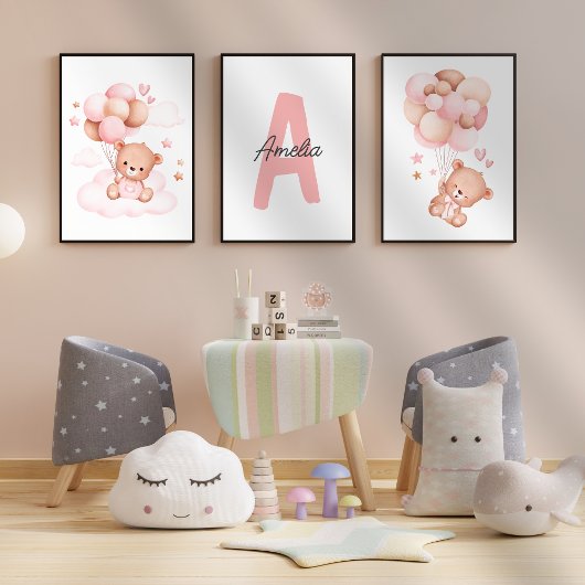 Teddy Bear kinderkamer Baby Meisje Initiaal Naam m Muurkunst Sets