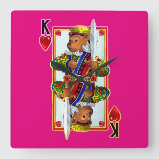 Teddy Bear King of Hearts Wall Clock Vierkante Klok (Voorkant)