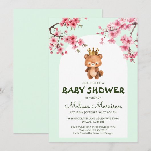 Teddy Bear King Sakura Baby Jongen Douche Kaart (Voorkant / Achterkant)