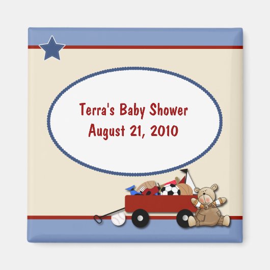 Teddy Bear Kleine Rode Wagon Baby shower Magnet (Voorkant)