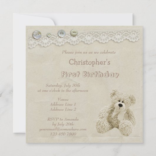 Teddy Bear  Lace 1e verjaardag Kaart (Achterkant)