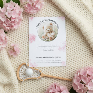 Teddy Bear Lacrosse Baby Shower Girl Invitation  Feestdagenkaart