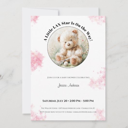Teddy Bear Lacrosse Baby Shower Girl Invitation  Feestdagenkaart (Voorkant)