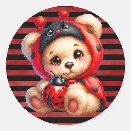 Teddy Bear Ladybug Stripes Meisje Baby shower Ronde Sticker (Voorkant)