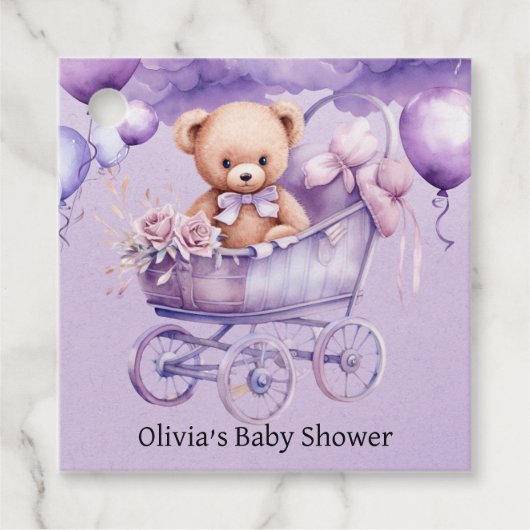 Teddy Bear Lavendel Carriage Girl Baby shower Bedankjes Labels (Voorkant)
