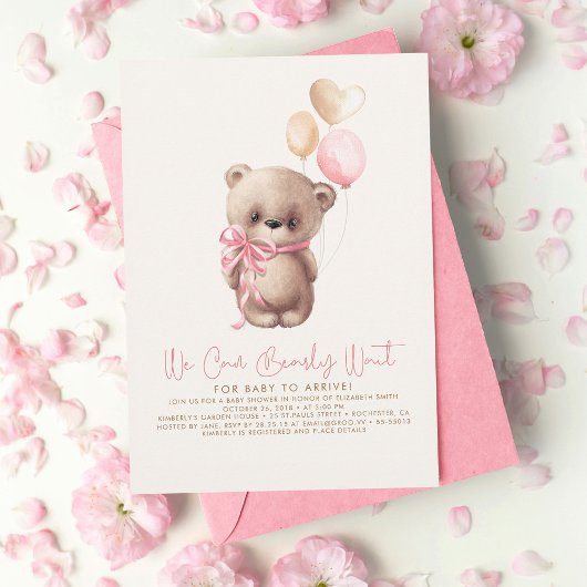 Teddy Bear Light Brown Pink Girl Baby shower Kaart
