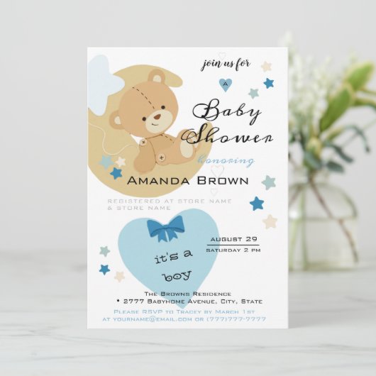 Teddy Bear Love Baby Boy Shower | Kaart (Staand voorkant)