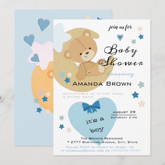 Teddy Bear Love Baby Boy Shower | Kaart (Voorkant / Achterkant)