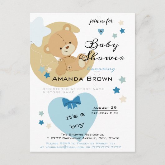 Teddy Bear Love Baby Boy Shower Uitnodiging (Voorkant)