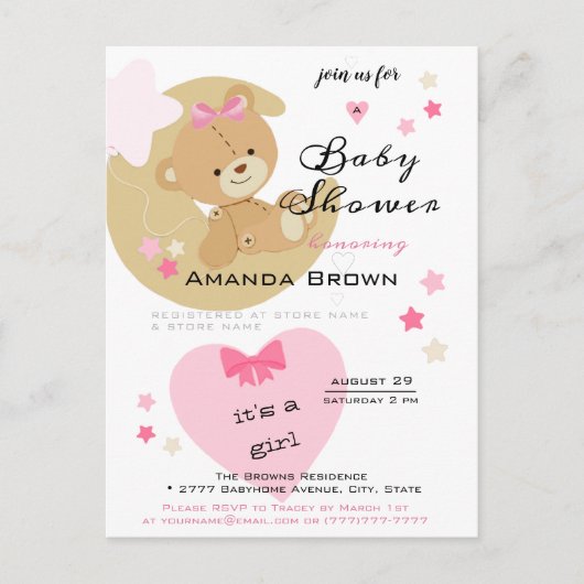 Teddy Bear Love Baby Girl Shower Invitation Briefkaart (Voorkant)