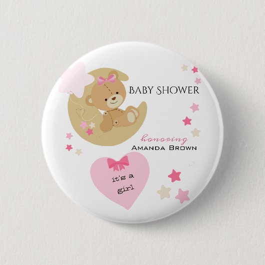 Teddy Bear Love Baby Girl Shower Ronde Button 5,7 Cm (Voorkant)