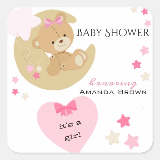 Teddy Bear Love Baby Girl Shower Vierkante Sticker (Voorkant)