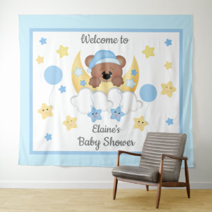 Teddy Bear Maan Sterren Baby Jongen Douche Achterg Wandkleed