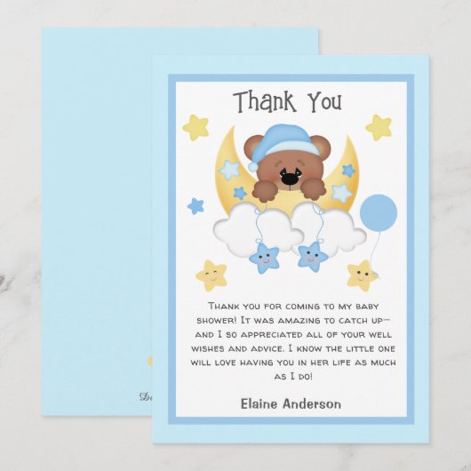 Teddy Bear Maan Sterren Baby Jongen Douche Dank je Kaart (Voorkant / Achterkant)