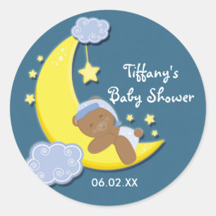 Teddy Bear Maan & Sterren Baby Shower Blauwe Stick Ronde Sticker