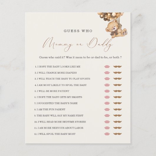 Teddy Bear Mam of Papa Baby shower Game (Voorkant)
