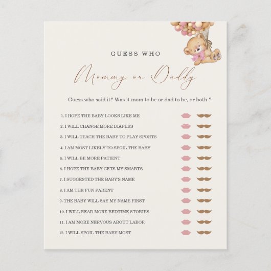 Teddy Bear Mam of Papa Baby shower Game (Voorkant)