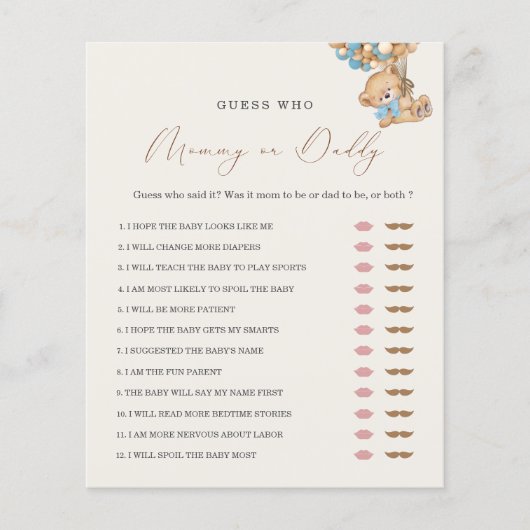 Teddy Bear Mam of Papa Baby shower Game (Voorkant)