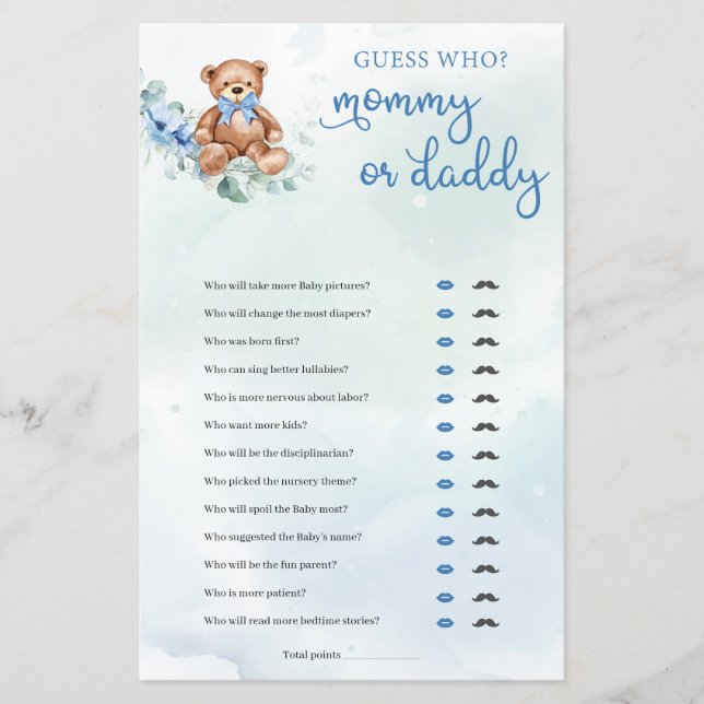 Teddy Bear Mam of Papa Boy Baby shower Game (Voorkant)