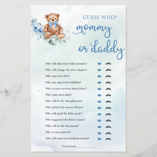 Teddy Bear Mam of Papa Boy Baby shower Game (Voorkant)