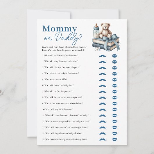 Teddy Bear Mama of Daddy Baby shower Game Kaart (Voorkant)