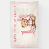 Teddy Bear Meisje 1e Verjaardag Roze Ballons Banne Spandoek (Verticaal)