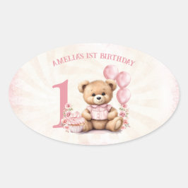 Teddy Bear Meisje 1e Verjaardag Roze Ovale Sticker