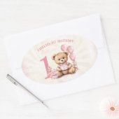 Teddy Bear Meisje 1e Verjaardag Roze Ovale Sticker (Envelop)