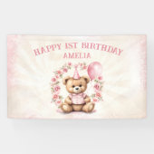 Teddy Bear Meisje 1e Verjaardag Roze Rozen Banner (Horizontaal)