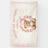 Teddy Bear Meisje 1e Verjaardag Roze Rozen Banner (Verticaal)