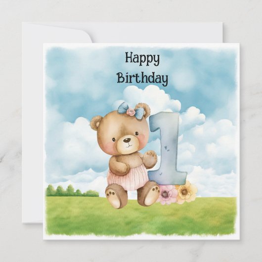 Teddy Bear Meisje 1e Verjaardag waterverf een jaar (Voorkant)