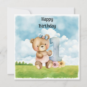 Teddy Bear Meisje 1e Verjaardag waterverf een jaar