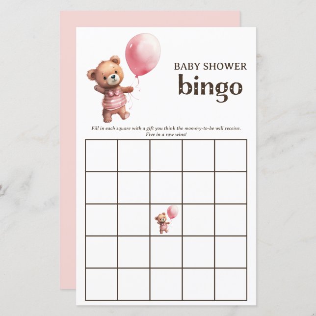 Teddy Bear Meisje Baby shower Bingo Game (Voorkant / Achterkant)